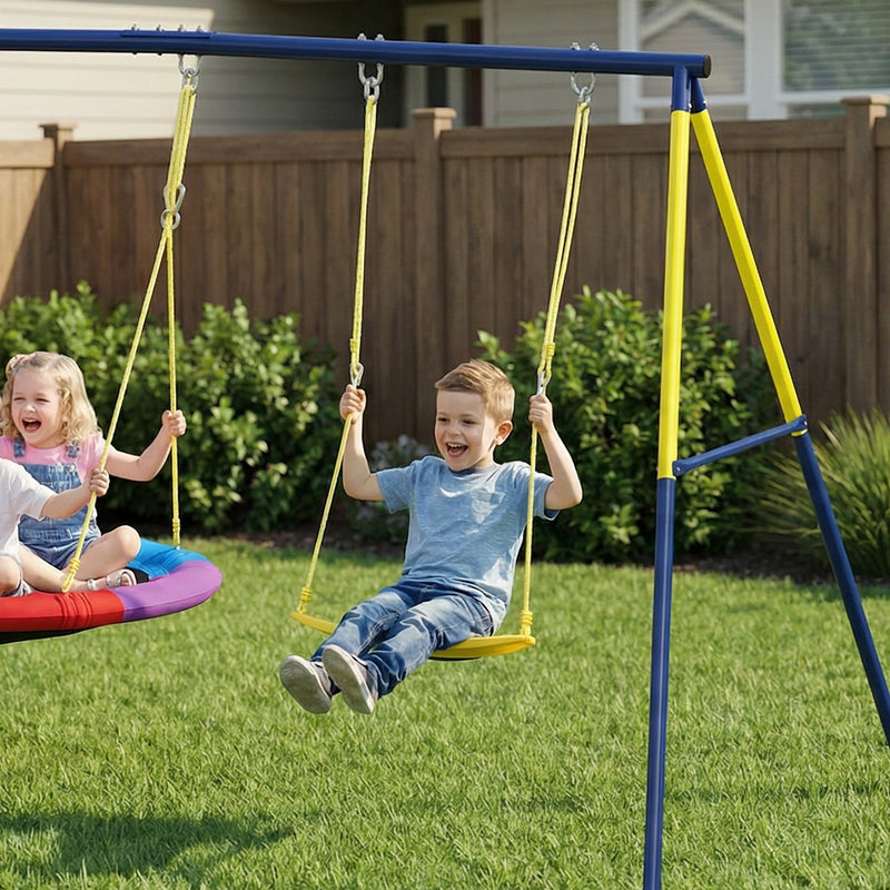 Kids Garden Swing Set with Nest and Belt Swings for Safe Outdoor Play Multicolour AOSOM