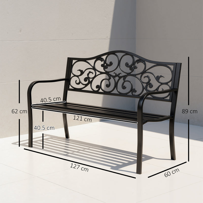Metal Garden Bench with Decorative Backrest and Armrests for Outdoor Seating Black