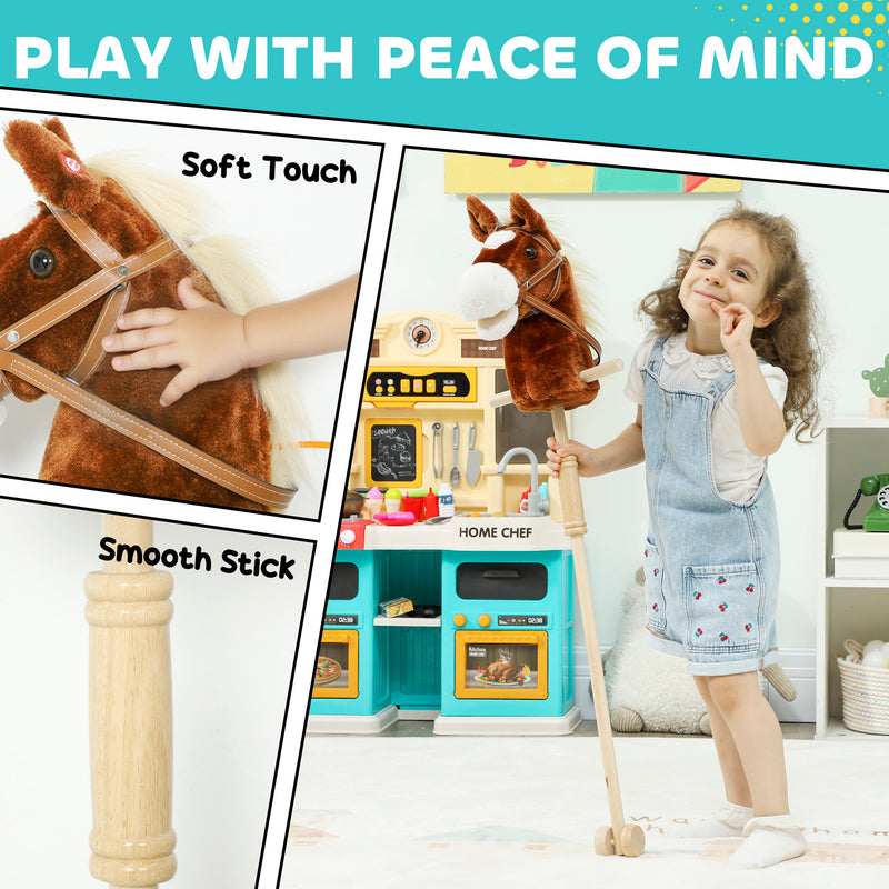 Stick Horse Toy with Real Neighing Sounds and Wooden Wheels for Kids Playtime, Brown AOSOM
