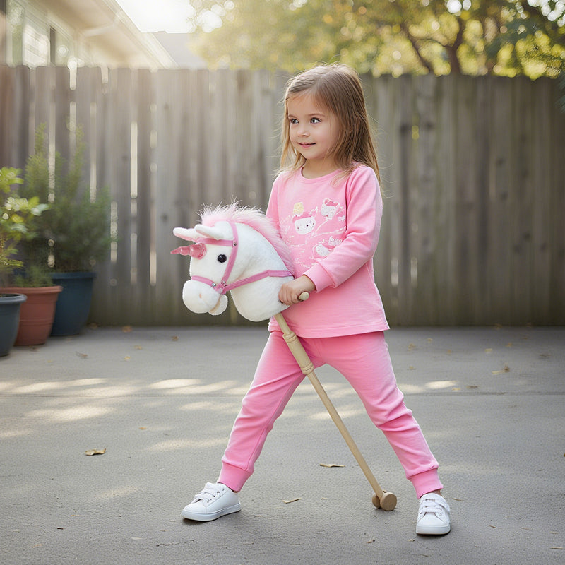 Unicorn Stick Horse Toy With Wheels and Realistic Sounds for Kids Riding Fun White AOSOM