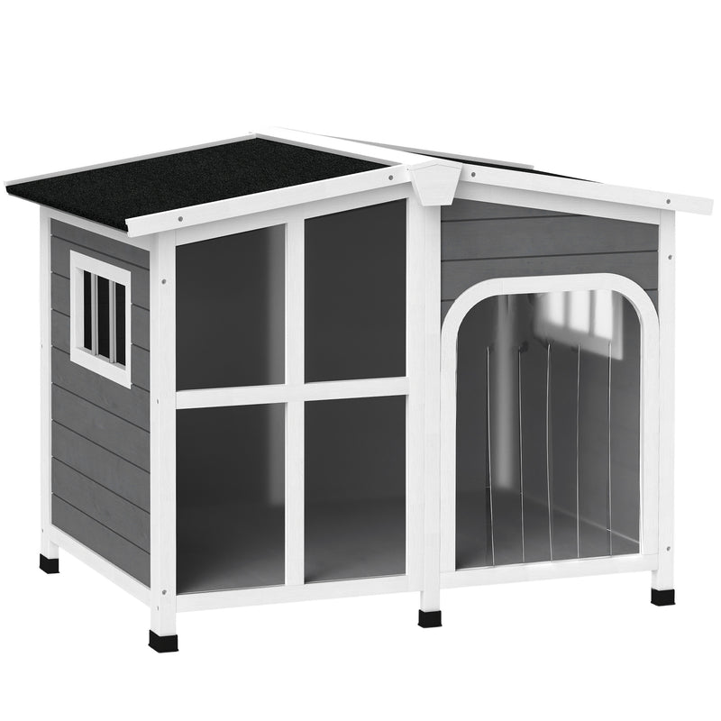 Wooden Dog Kennel with Removable Floor Openable Roof and Large Window Charcoal Grey by PawHut
