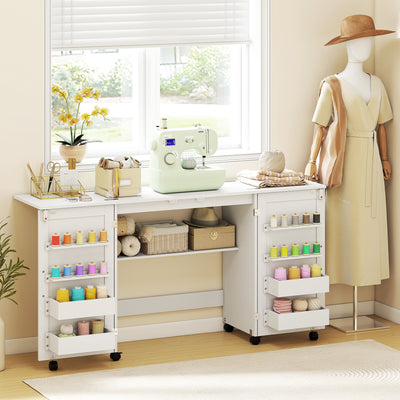 Folding Sewing Table with Storage and Wheels for Compact Home Craft Spaces White AOSOM