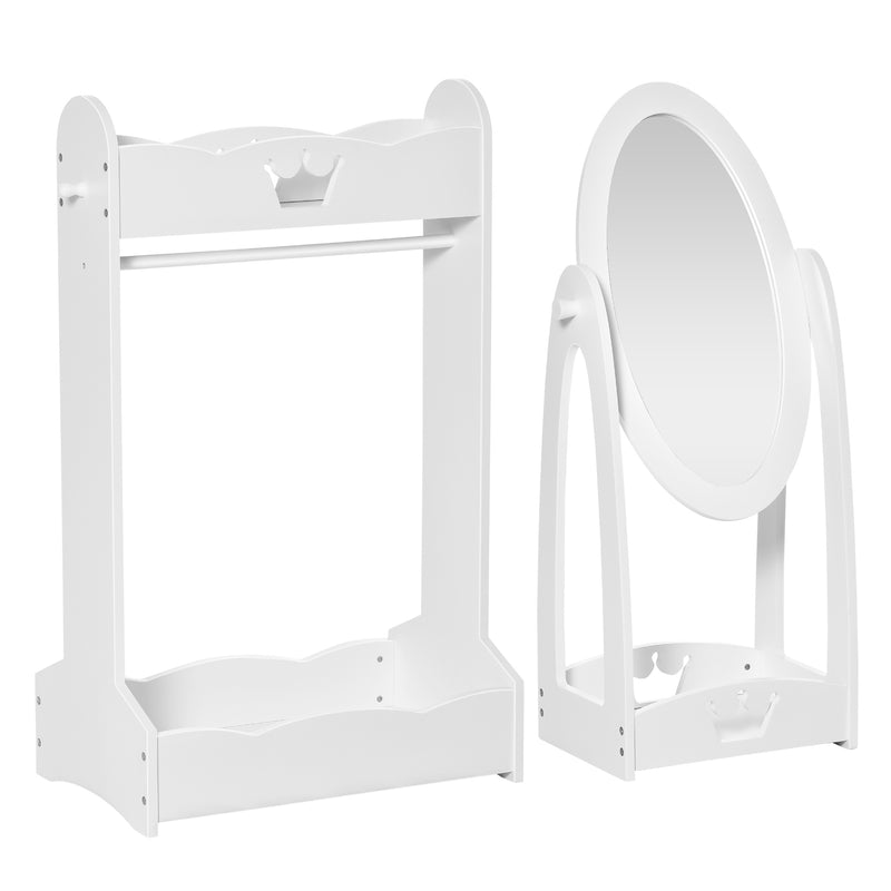 Kids White Clothes Rail With Rotating Full Length Mirror And Storage Shelves For Bedroom