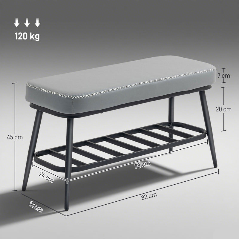 PU Leather Shoe Storage Bench With Padded Seat and Hidden Compartment, Grey