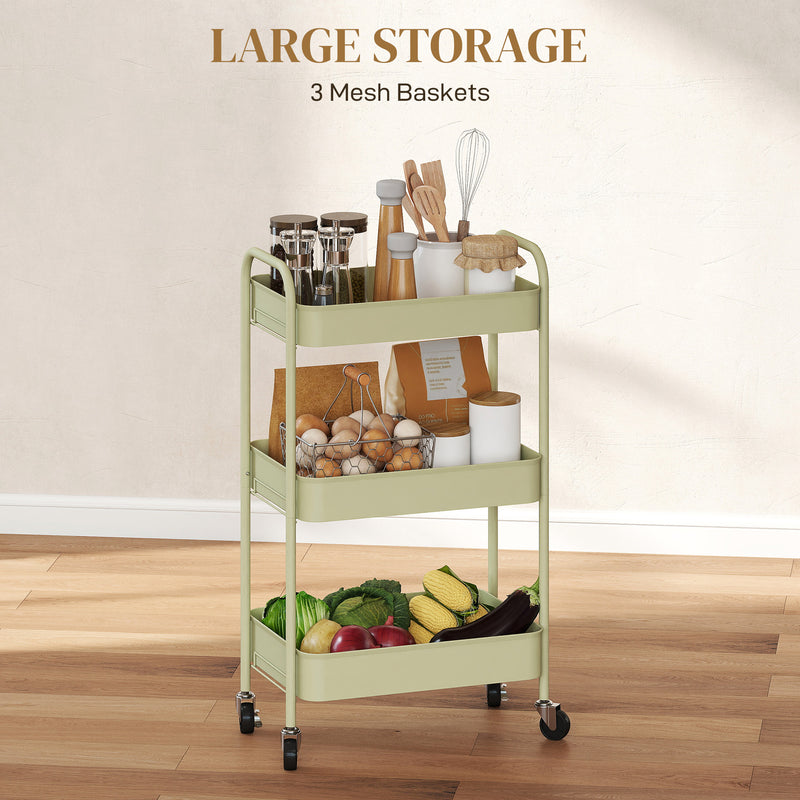 Three Tier Steel Storage Trolley With Wheels For Home Or Office Organisation Green