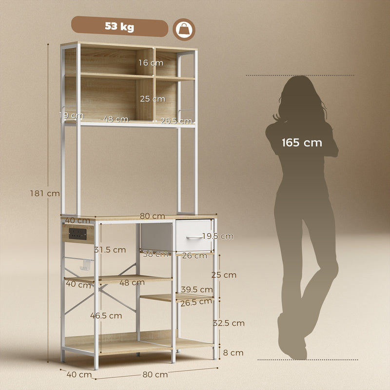 Kitchen Baker’s Rack with Shelves and Power Station for Organised Worktops Oak White