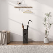 Black Metal Umbrella Stand with Hooks and Drip Tray for Hallway and Entryway by HOMCOM