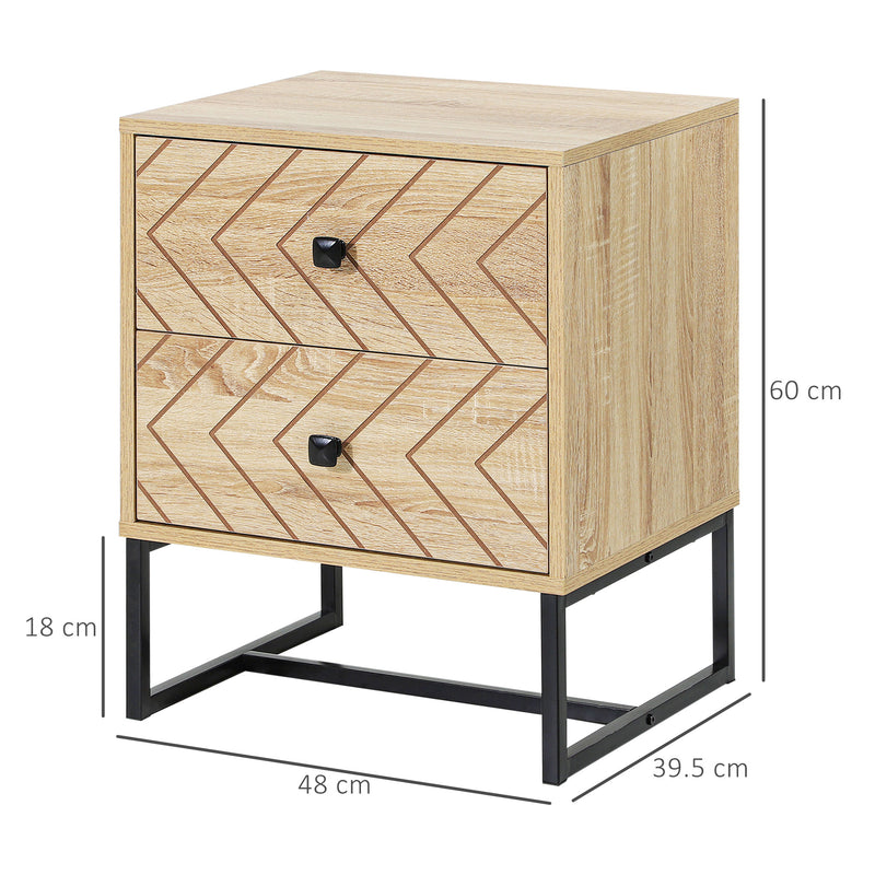 Set of 2 Two Drawer Bedside Tables with Zigzag Design for Bedroom Storage Natural