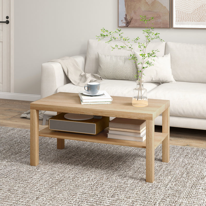 2 Tier Wooden Coffee Table with Storage Shelf for Living Room and Office Natural Finish