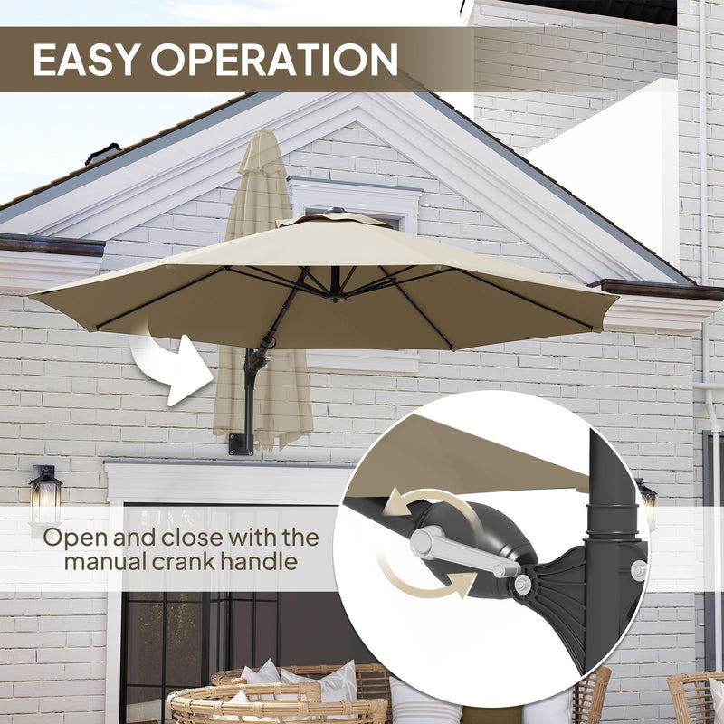 Khaki 3m Wall Mounted Garden Parasol with Easy Crank Handle Shade by Outsunny