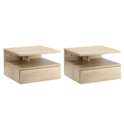 Set of Two Wall Mounted Bedside Tables with Storage Shelves Space Saving Oak Finish