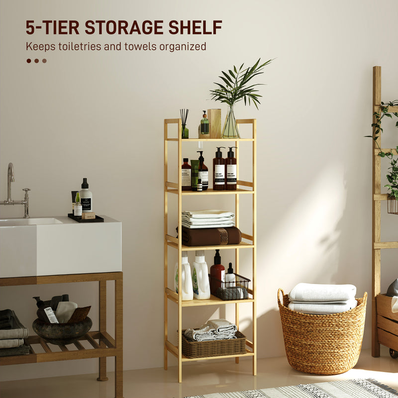 5 Tier Bamboo Bathroom Storage Shelf Freestanding Adjustable Rack Natural Wood