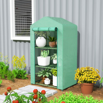 3 Tier Portable Mini Greenhouse With Roll Up Door and Shelves For Garden Use Green AOSOM