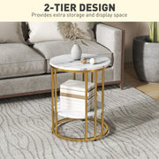 Set of Two White Marble Effect Coffee Tables with Gold Tone Legs by HOMCOM