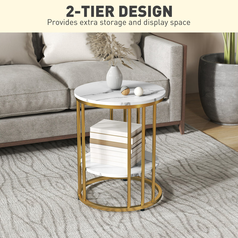 Set of Two White Marble Effect Coffee Tables with Gold Tone Legs by HOMCOM