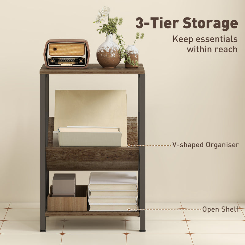 Narrow Side Table with 3 Tier Storage and Magazine Rack for Living Room or Bedroom Oak