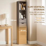 Slim Corner Bookcase with Shelves Drawers and Cabinet for Small Spaces Grey AOSOM