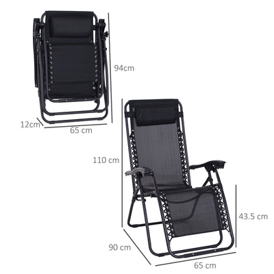 Set of 2 Zero Gravity Reclining Garden Chairs with Head Pillow for Outdoor Use, Black