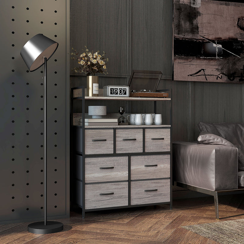 Tall Chest of 7 Fabric Drawers with Wood Effect Finish for Bedroom Storage Grey