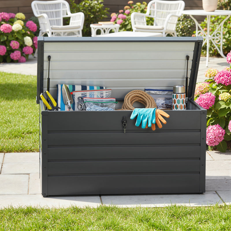 Large Metal Garden Storage Box With Lockable Lid For Patio Or Shed, 311L Capacity Dark Grey