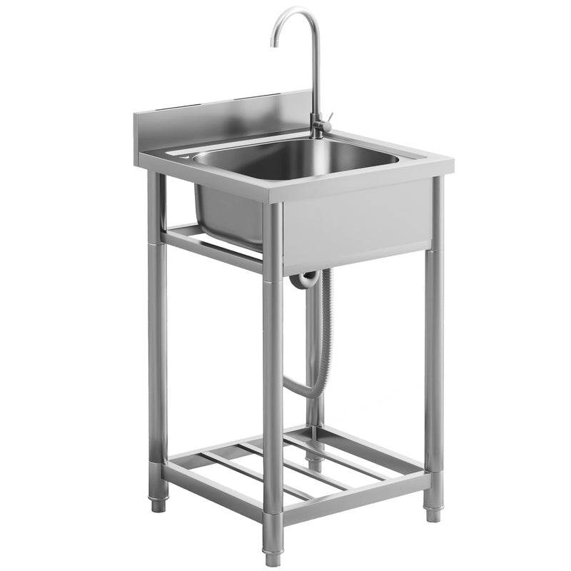 Silver Outdoor Utility Sink with Hot Cold Water Pipes and Shelf for Garage or Laundry by Outsunny