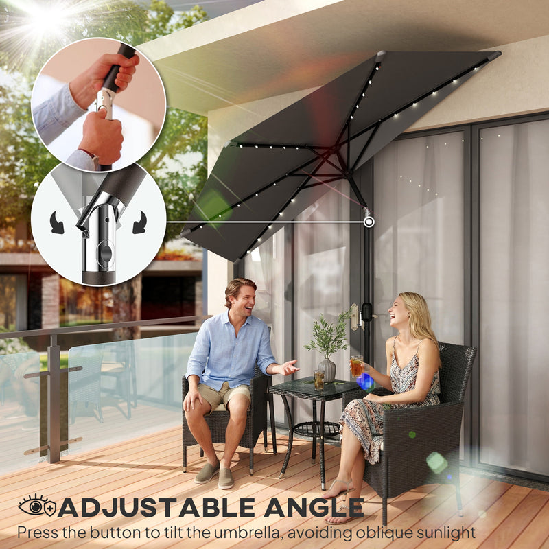 Half Garden Parasol With Solar Lights for Balcony or Small Patio with Adjustable Shade, Dark Grey