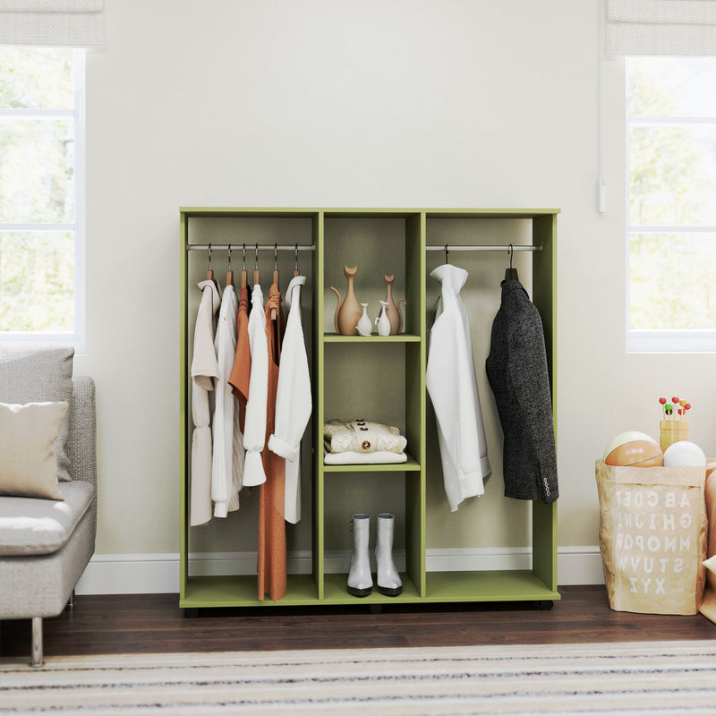 Green Double Open Wardrobe with Mobile Storage Shelves and 6 Wheels by HOMCOM
