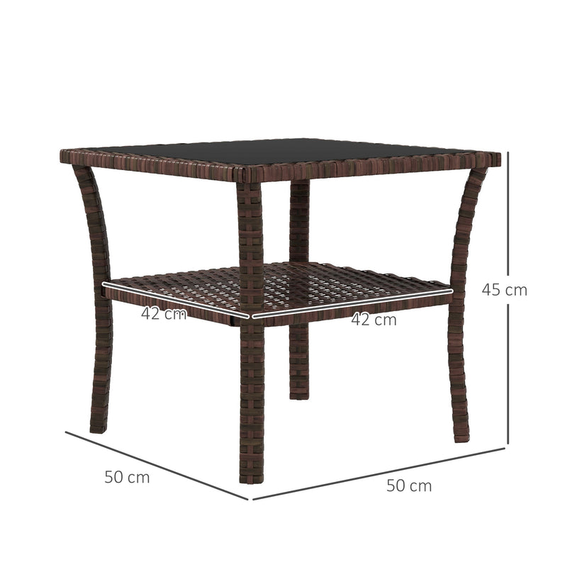 Brown Rattan Two Tier Square Coffee Table With Storage Shelf For Garden Patio Use