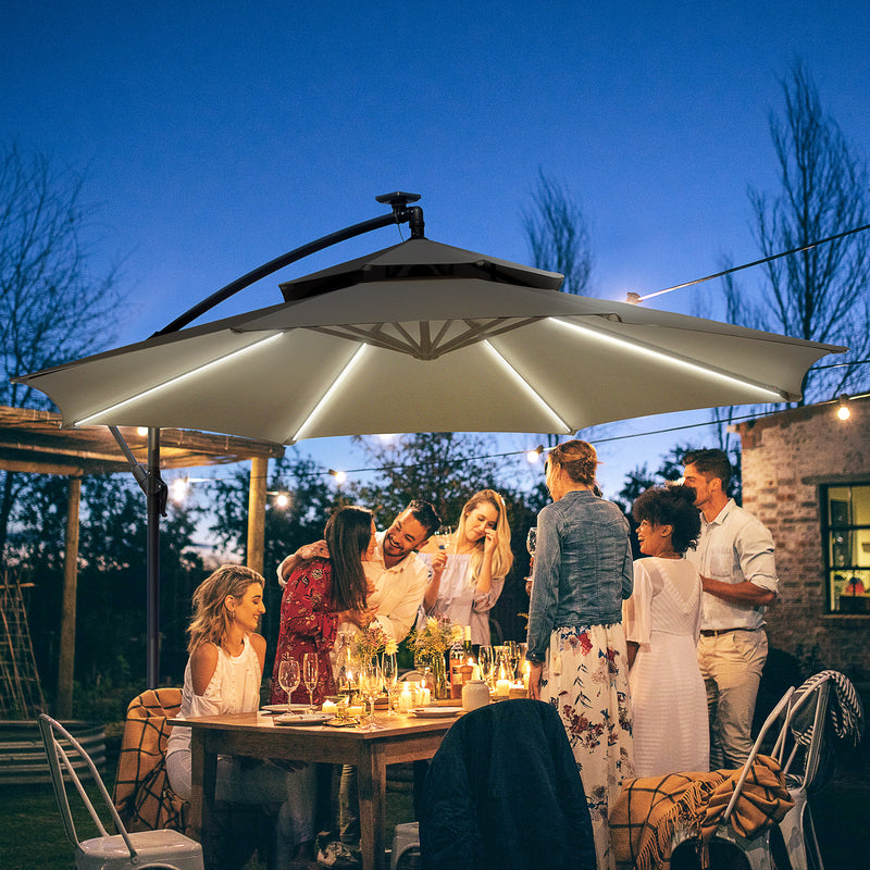 Light Grey 3m Cantilever Garden Parasol With Solar LED Lights And Double Roof Shade