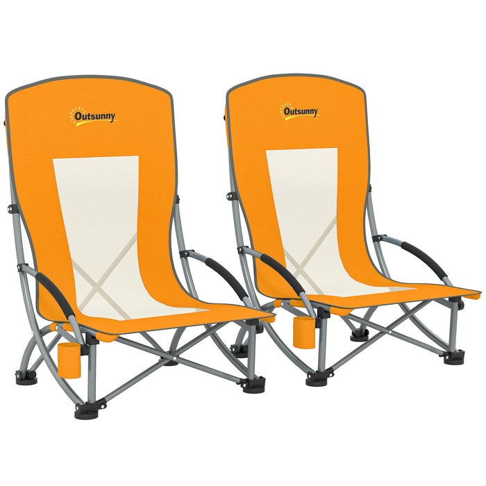 Set of 2 Orange Folding Beach Chairs with Mesh Back Cup Holder and Carry Bag for Outdoor Use