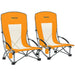 Set of 2 Orange Folding Beach Chairs with Mesh Back Cup Holder and Carry Bag for Outdoor Use