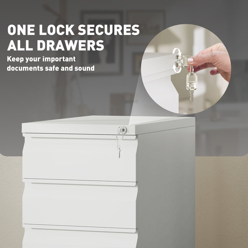 White 3 Drawer Steel Filing Cabinet with Lock and Wheels by Vinsetto