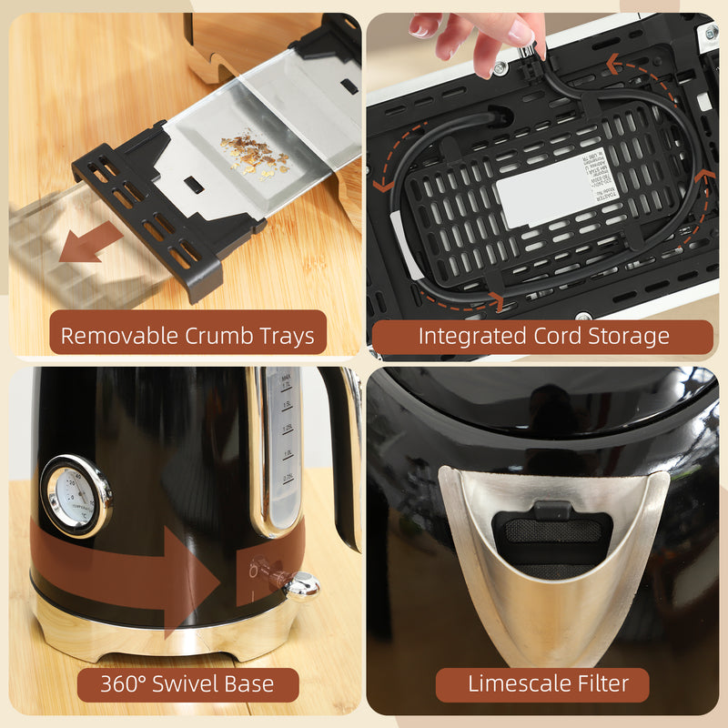 Retro Toaster and Kettle Set with Fast Boil and Reheat Function for Kitchen, Black