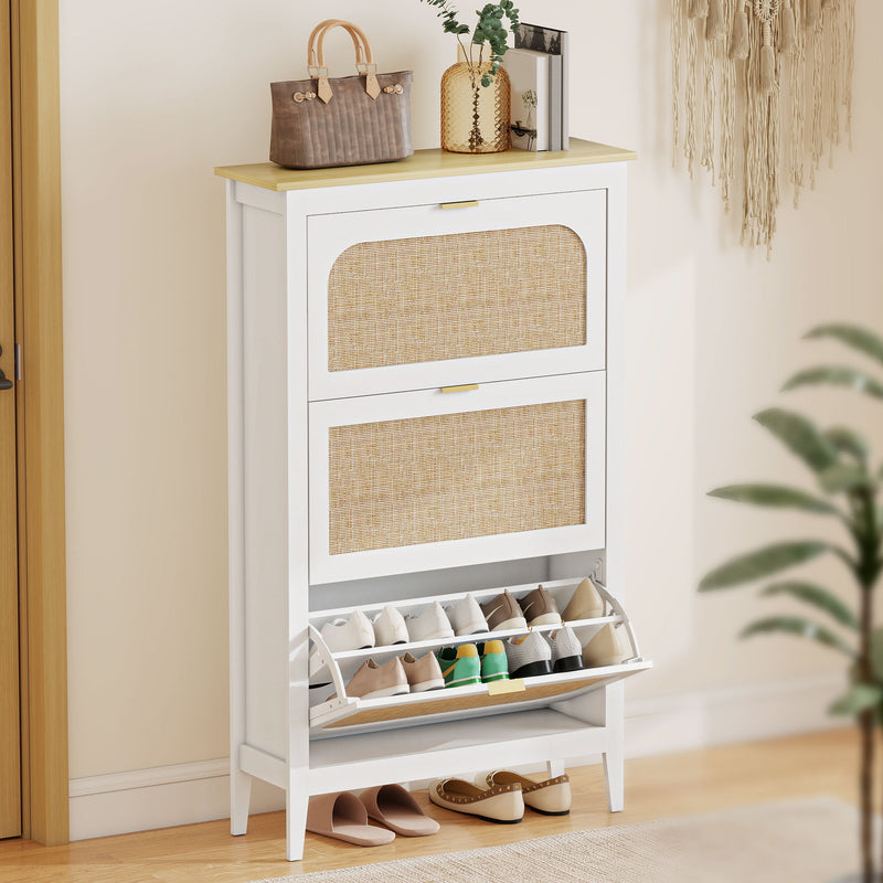 Slim Shoe Storage Cabinet for Narrow Hallways with Adjustable Shelves, White & Oak, 80 x 24 x 131 cm Homcom