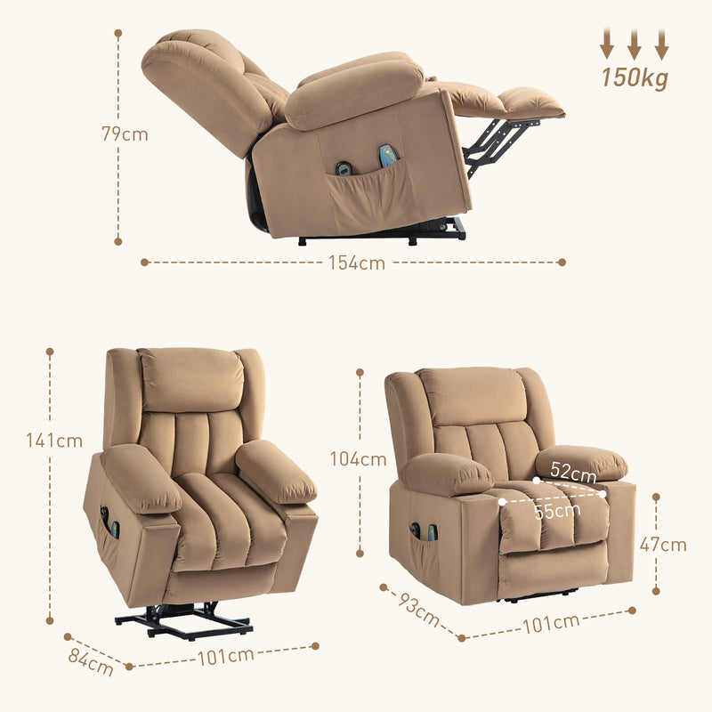 Light Brown Velvet Electric Riser Recliner Armchair With Massage Function by HOMCOM