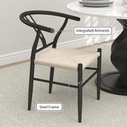 Set of 2 Black Beige Weave Dining Chairs with Y Backrest and Comfy Hemp Seat