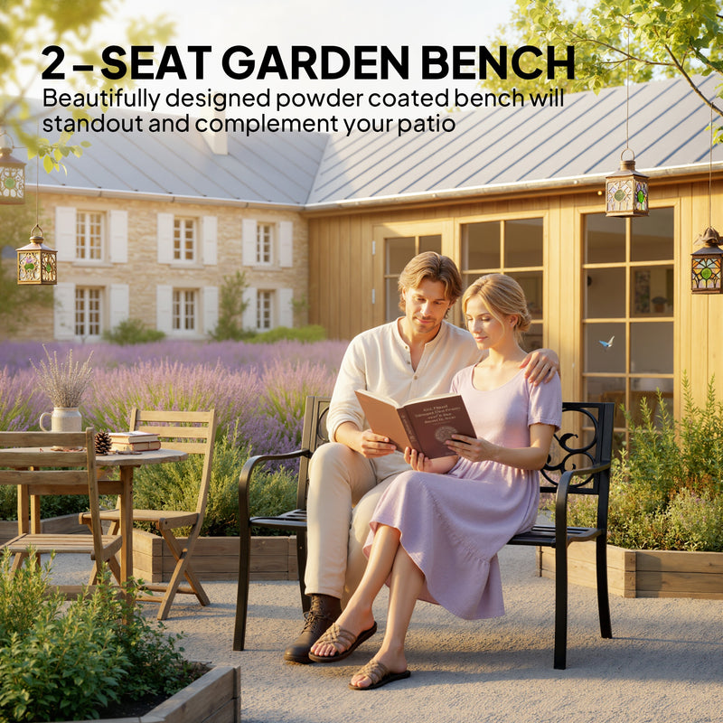 Metal Garden Bench with Decorative Backrest and Armrests for Outdoor Seating Black