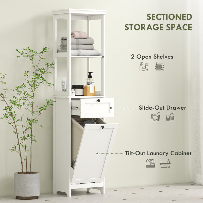 Tall White Bathroom Storage Cabinet With Tilt Out Laundry Basket For Organised Bathrooms