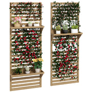Set of 2 Wall Mounted Fir Wood Plant Stands With Trellis Shelves For Balcony Or Patio