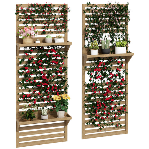 Set of 2 Wall Mounted Fir Wood Plant Stands With Trellis Shelves For Balcony Or Patio