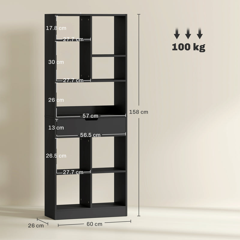 Tall Freestanding Bookshelf with Drawer for Home Office or Bedroom Storage Black