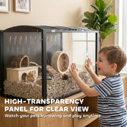 Hamster Cage with Spacious Interior and Easy Access for Cleaning and Feeding Black Transparent AOSOM