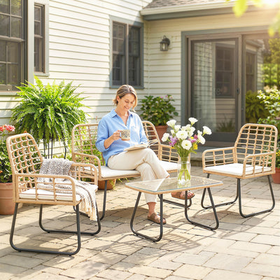 Rattan Garden Furniture Set with Cushions and Coffee Table for Patio or Balcony Natural Wood Outsunny