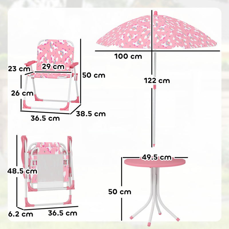 Kids Garden Table and Chair Set with Umbrella for Outdoor Playtime 4 Piece Pink AOSOM