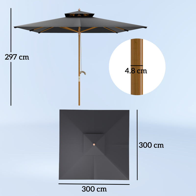 Black 3x3m Garden Parasol with Double Tier Canopy for Sun Protection by Outsunny