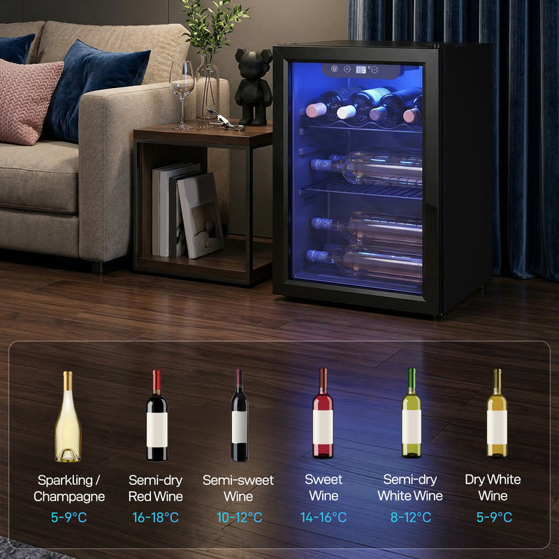 Wine Cooler for 16 Bottles with Double-Glass Door for Kitchens and Home Bars Black Homcom