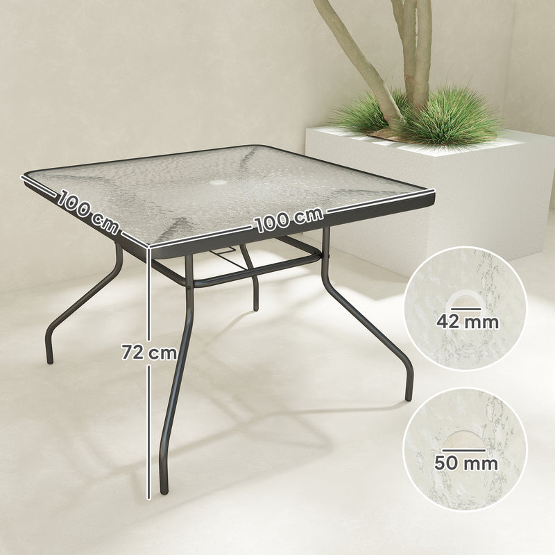 Square Glass Garden Dining Table with Umbrella Hole 100 x 100 cm