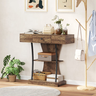 Industrial 3 Tier Console Table with Drawer and Storage Shelves for Hallway Rustic Brown AOSOM