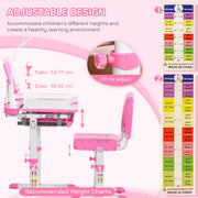 Adjustable Kids Study Desk and Chair Set with Storage and Drawer for Homework, Pink
