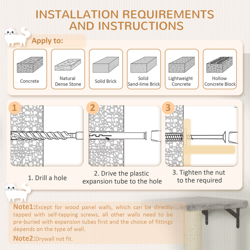 Grey 6 Piece Cat Wall Shelves Set with Bed Scratching Post and Toy Ball by PawHut